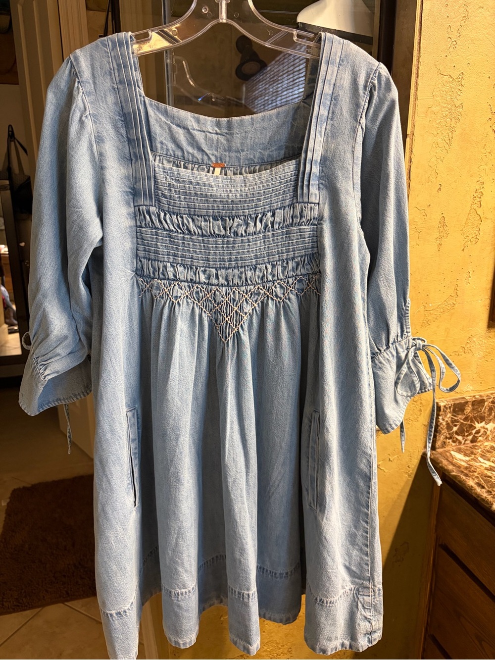 Free People Light Wash Denim Smocked Peasant Dress